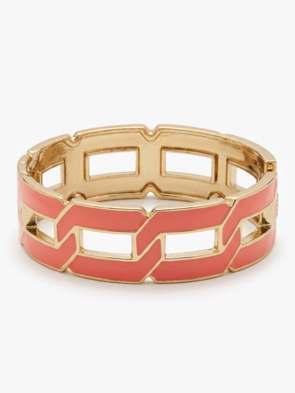 Vintage Gold-Tone Coral Enamel Geometric Link Hinged Bangle Bracelet
